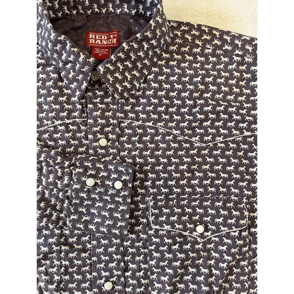 Red Ranch Horse AOP Men's XL Pearl Snap L/S Shirt Western Farm Rodeo Flap Pocket